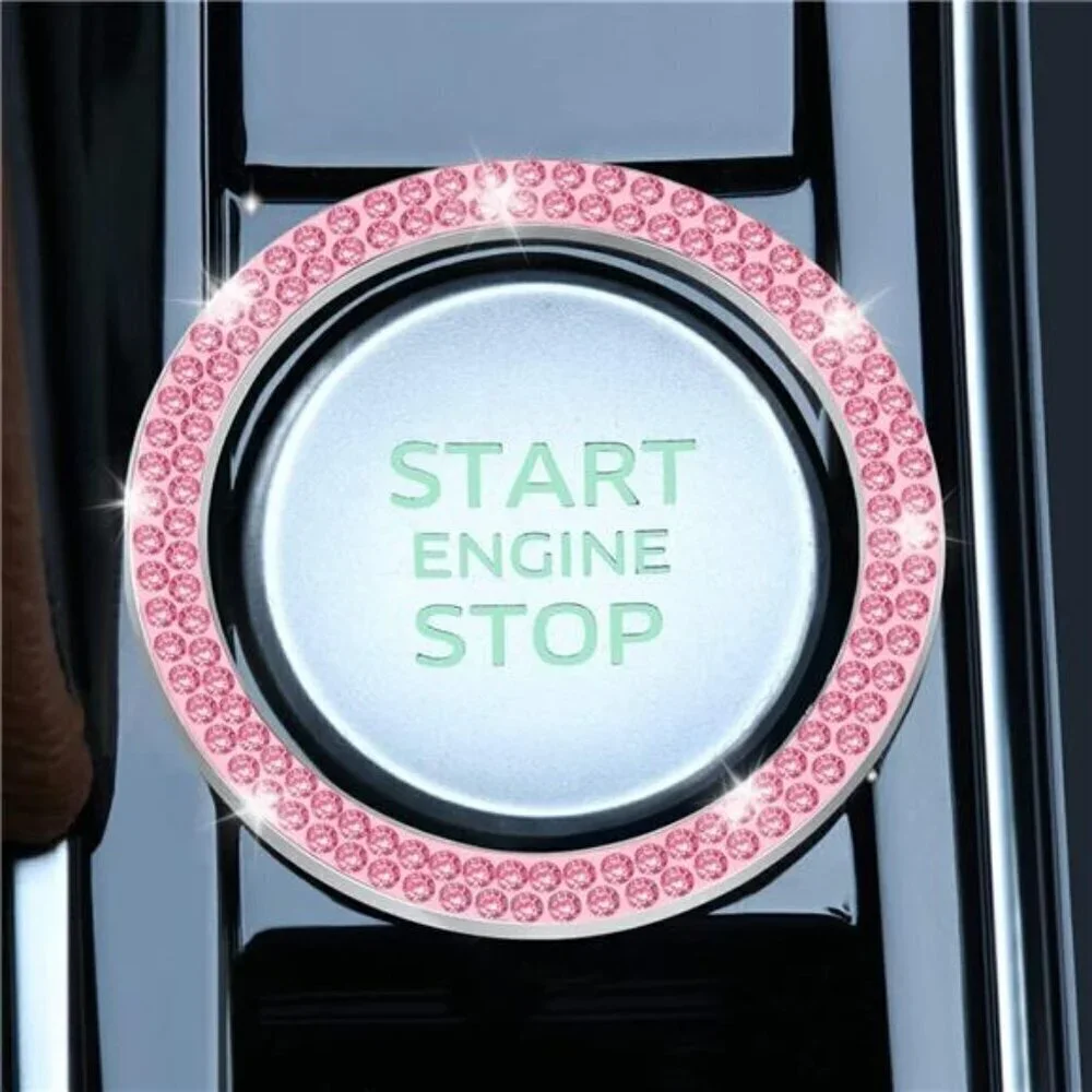 Car Start Button Bling Rhinestone Diamond Engine Button Ring 2-Pack Double Pink - Picture 2 of 7